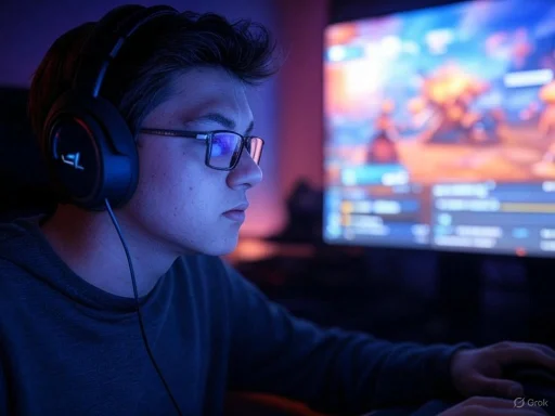 Young man with glasses and headphones playing a video game on a large screen in a dark room.