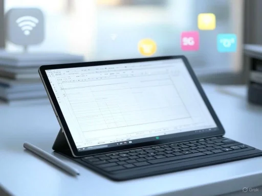 A tablet with a keyboard and stylus on a desk, displaying a spreadsheet or document, with blurred icons and books in the background.