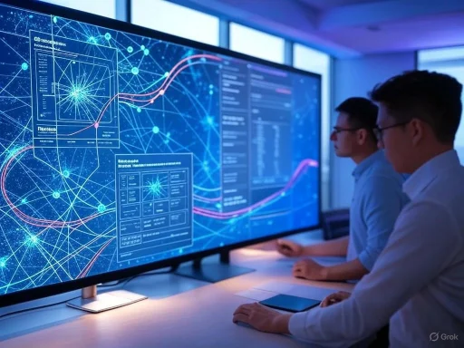 Two men analyze complex data visualizations on a large digital screen in a high-tech environment.