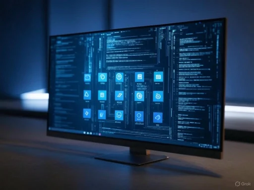 A monitor displays complex code and app icons against a dark, futuristic background.