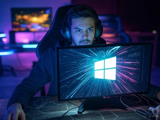 A man wearing headphones working on a computer with a Windows logo on the screen in a colorful, futuristic gaming or tech setup.