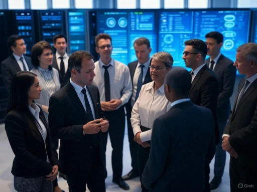 A diverse group of professionals in formal attire discuss data displayed on large screens in a high-tech control room. A diverse group of professionals in formal attire discuss data displayed on large screens in a high-tech control room.