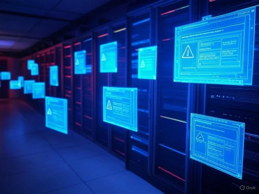 Multiple digital warning screens displayed on server racks in a high-tech data center.