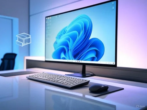 A modern workspace featuring a large monitor, keyboard, and mouse on a white desk against a softly lit purple wall.