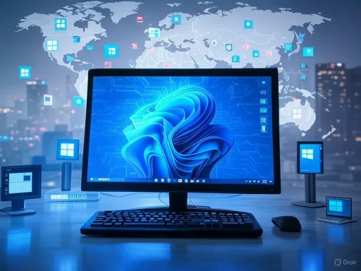 A computer setup with multiple monitors displaying digital graphics, against a world map background of interconnected tech icons.