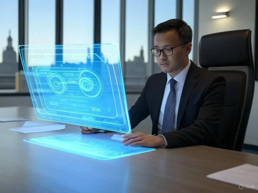 A businessman in a suit and glasses interacts with a holographic digital interface in a modern office.