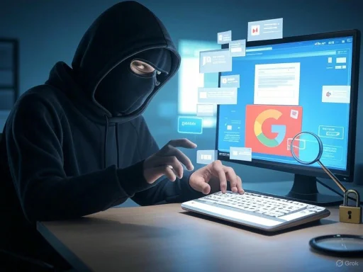A masked hacker in dark clothing infiltrates a computer system displaying Google logos and digital data.