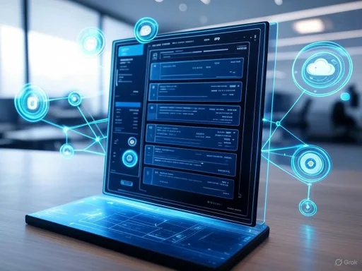A holographic, futuristic tablet displays data and cloud icons with interconnected digital elements in a modern office environment.