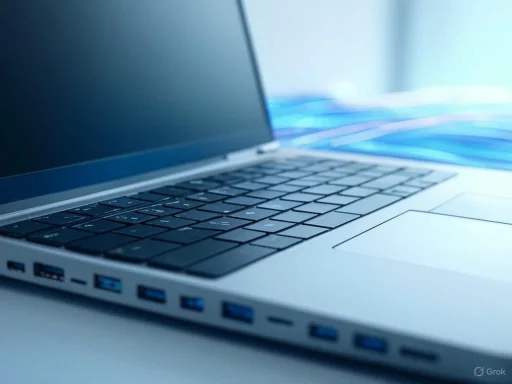 Close-up of a sleek, modern laptop with multiple USB ports, placed on a desk with blue-toned background.