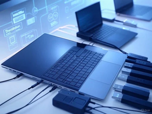 Multiple laptops connected with cables, with digital interface graphics projected on the wall. Multiple laptops connected with cables, with digital interface graphics projected on the wall.