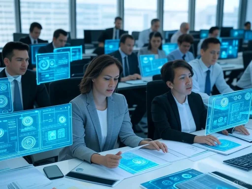 Business professionals use futuristic digital interfaces in a high-tech conference room.