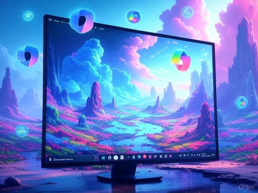 A digital artwork of a colorful fantasy landscape with floating icons, viewed on a computer monitor.