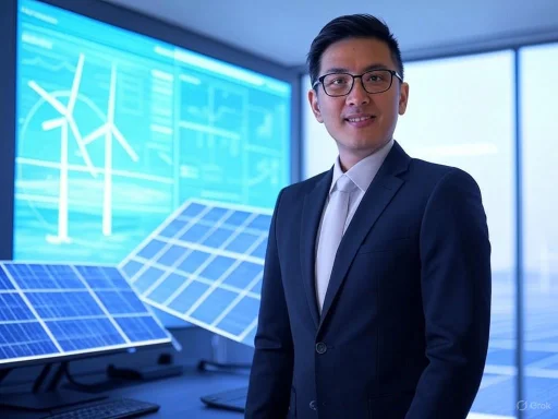 A professional man in a suit standing in front of solar panels and wind turbines display screens.