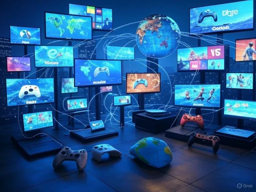 A digital display of interconnected gaming screens and controllers themed around global connectivity and online gaming.