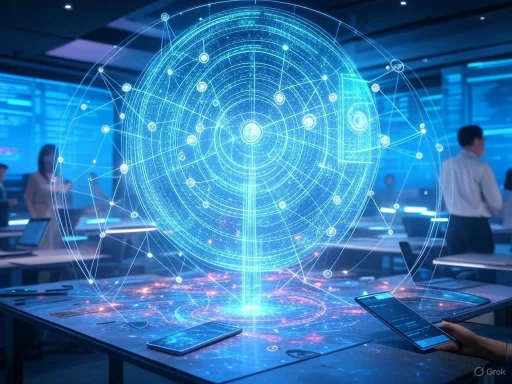 A futuristic digital globe with interconnected data points, displayed over a conference room with people and laptops.
