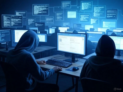 Hackers in hoodies working on multiple computer screens in a dark, high-tech cybercrime operation.
