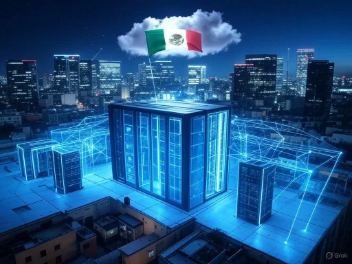 A city rooftop with digital neon accents, a Mexican flag, and glowing skyscrapers in the background. A city rooftop with digital neon accents, a Mexican flag, and glowing skyscrapers in the background.