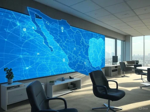 A modern conference room with a large digital map display of Greece on the wall and city views through floor-to-ceiling windows.