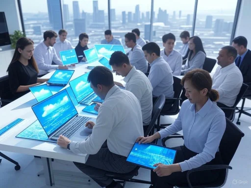 A diverse group of professionals in a high-rise office conference room using laptops and tablets for a meeting. A diverse group of professionals in a high-rise office conference room using laptops and tablets for a meeting.