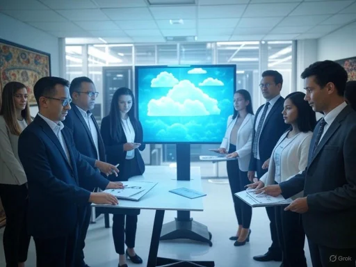 Business professionals participate in a meeting with a cloud computing concept displayed on a large screen. Business professionals participate in a meeting with a cloud computing concept displayed on a large screen.