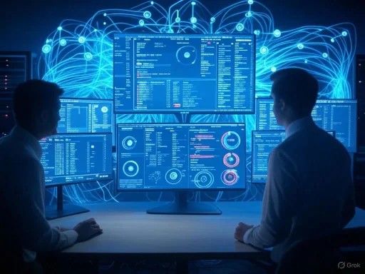 Two analysts monitor multiple screens displaying cybersecurity or data analysis in a high-tech command center.