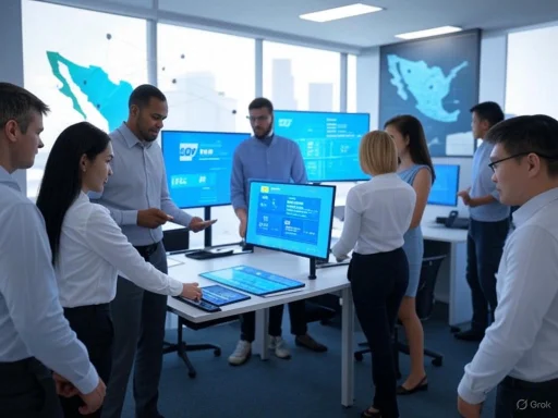 Team of professionals analyzing data on screens in a modern office with large maps of North America and the US on the windows. Team of professionals analyzing data on screens in a modern office with large maps of North America and the US on the windows.