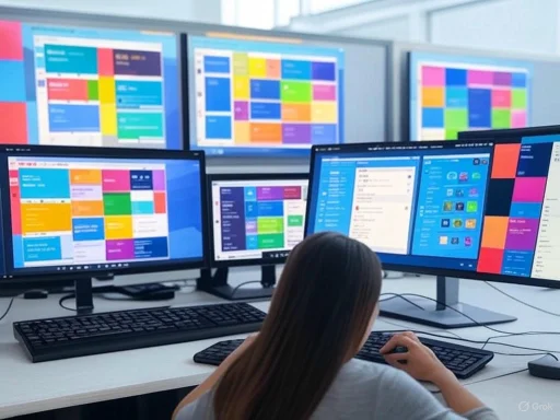 A person working at a desk with multiple monitors displaying colorful digital calendars and schedules.