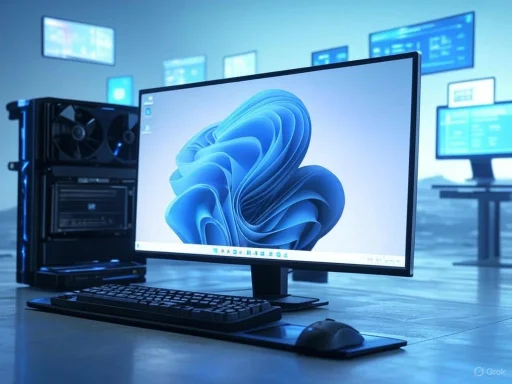 A sleek desktop setup in a high-tech control room with multiple monitors and a powerful PC, illuminated in blue.