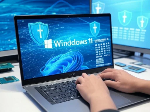 A person uses a laptop with Windows 11, displaying digital shield icons representing cybersecurity protection.