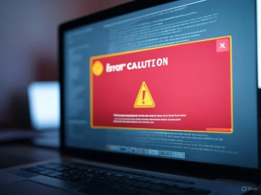 A laptop screen displays a warning message with a red background and yellow alert icon, indicating a critical error.