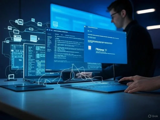 A person working on multiple digital screens displaying code and data in a dark, high-tech environment.