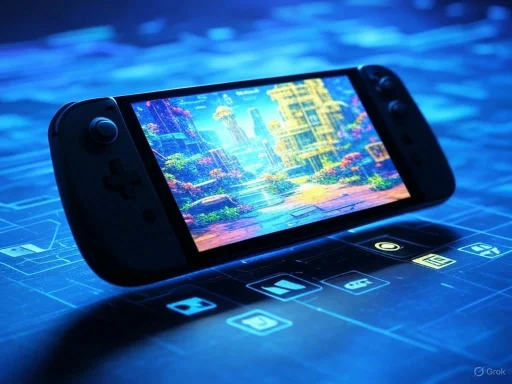 A gaming console displaying a colorful futuristic cityscape, with augmented reality icons on a digital surface.