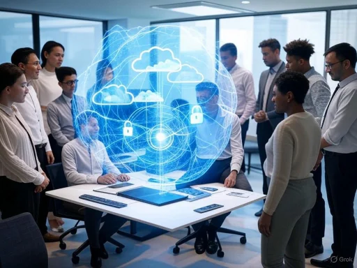 A diverse group of professionals observes a holographic display of cloud computing and security icons in a modern office.