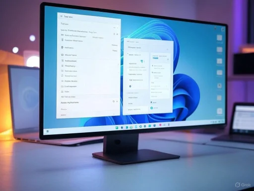 A modern computer monitor displays a dual-window setup on a sleek workspace.