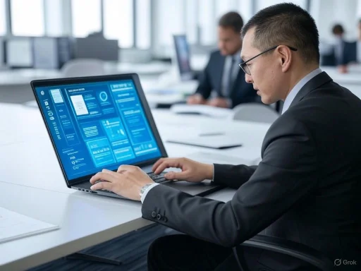 A businessman working on a blue data analytics dashboard on a laptop in a modern office setting.