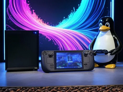 A gaming setup with a handheld console, a small monitor, a TV screen, and a Penguin mascot, set against a colorful digital background.