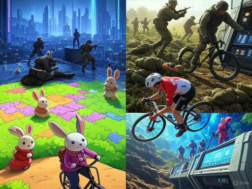 A collage of scenes with rabbits, soldiers, and cyclists in various colorful, dynamic, and adventurous settings.