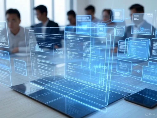 A group of professionals analyzing data with futuristic holographic digital interfaces in a modern office setting.