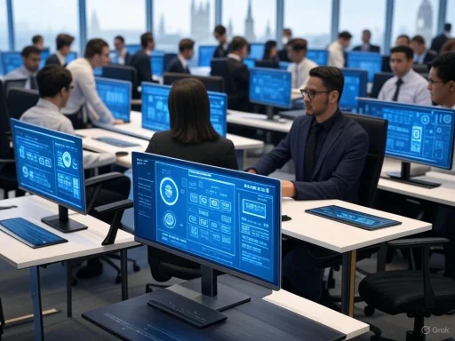 People working at multiple desks with large digital screens in a modern, high-tech office.