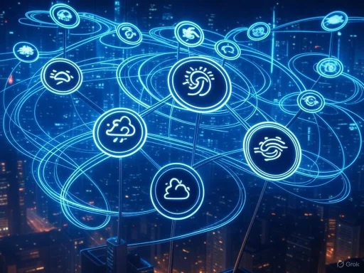 Digital network of weather icons over a cityscape at night, representing interconnected forecast data.