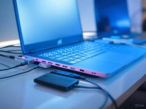 A pink laptop connected to multiple cables and external devices on a desk.