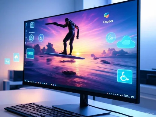 A computer monitor displays a sunset scene with a person surfing, along with accessibility and cloud icons.