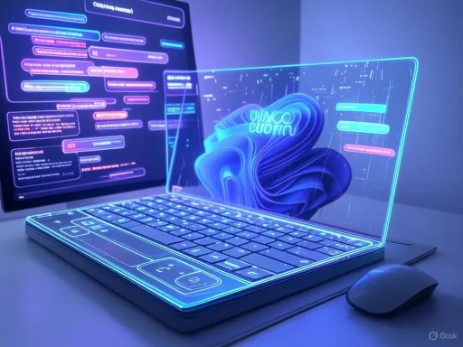 A futuristic holographic display emanates from a keyboard, showcasing digital interfaces and data visualization.