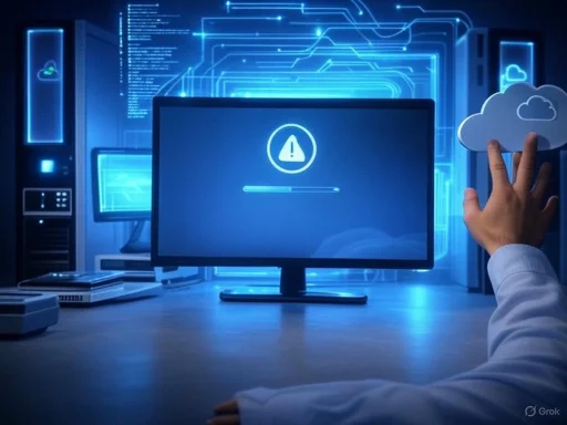 A computer screen displays a warning icon with a progress bar, surrounded by cloud storage symbols and digital interface elements.