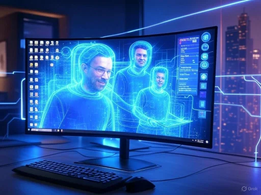 A futuristic computer screen displays holographic images of people, with digital information and cityscape in background.