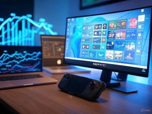 Multiple screens display graphs, software interfaces, and gaming controls in a modern tech workspace.