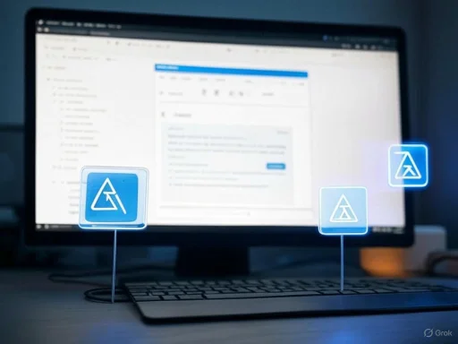 Virtual holographic icons appear over a computer monitor displaying a document or email interface.