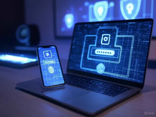 Digital security concept with smartphone, laptop, and fingerprint scanner in a high-tech setting.