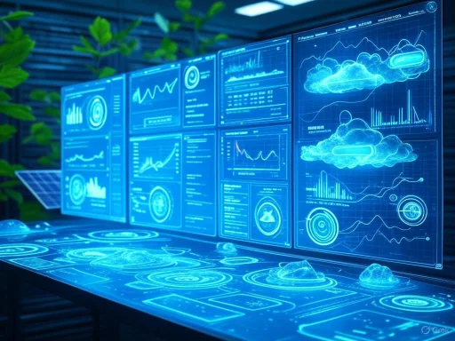 A futuristic holographic data interface displaying charts, graphs, and cloud cloud icons on a high-tech desk.