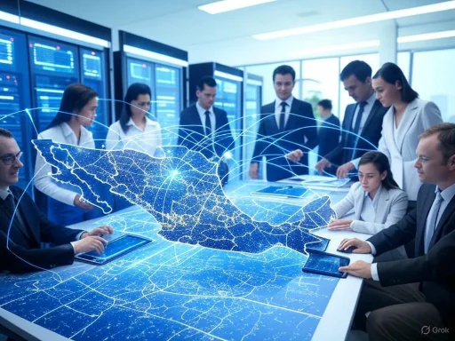 Business professionals analyze a digital map of Dubai with connected network lines in a high-tech conference room.